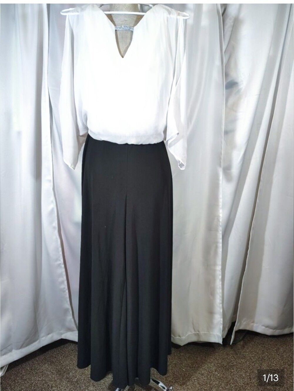 MSK  Jumper, Women, Wide Leg,White/Black, Open Shoulders, Elastic Waist,6